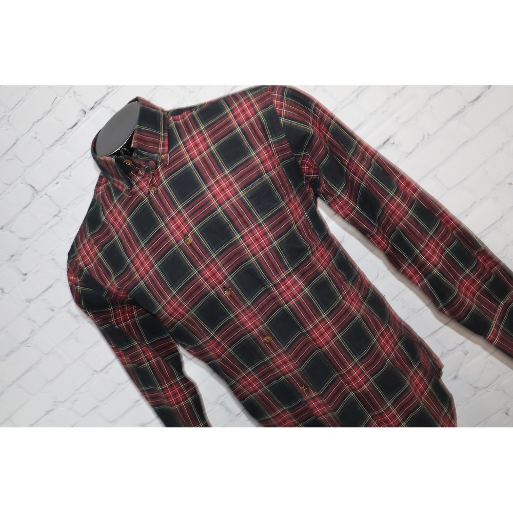 Orvis Button Down Dress Shirt Mens Medium Red Plaid Cotton Wool Blend Flannel